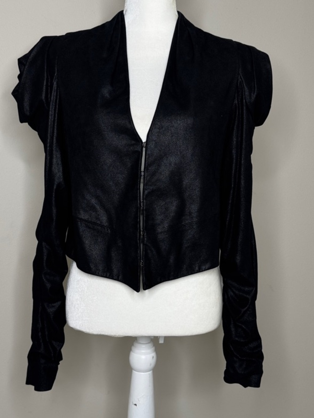 RACHEL Rachel Roy Black Leather Puff-Shoulder Cropped Blazer S